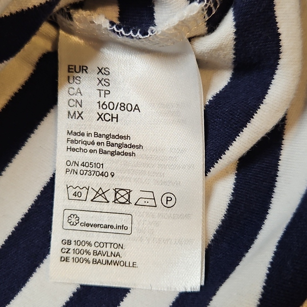 H&M Boat Neck Shirt Navy & White Stripe 3/4 Sleeve XS 100% Cotton - Picture 7 of 7